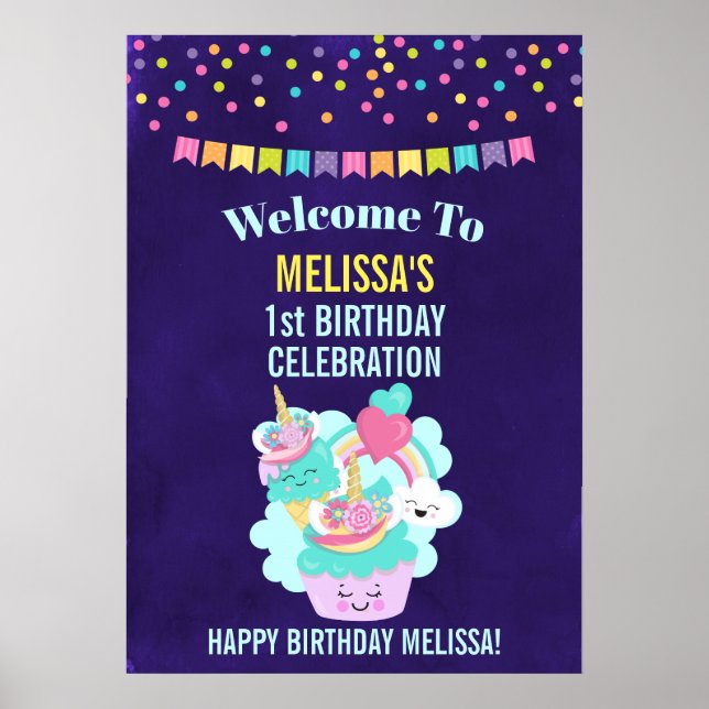 Cute Cupcake and Happy Ice Cream Birthday Poster (Front)