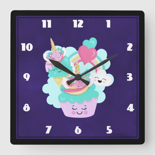 Cute Cupcake and Happy Ice Cream Square Wall Clock (Front)