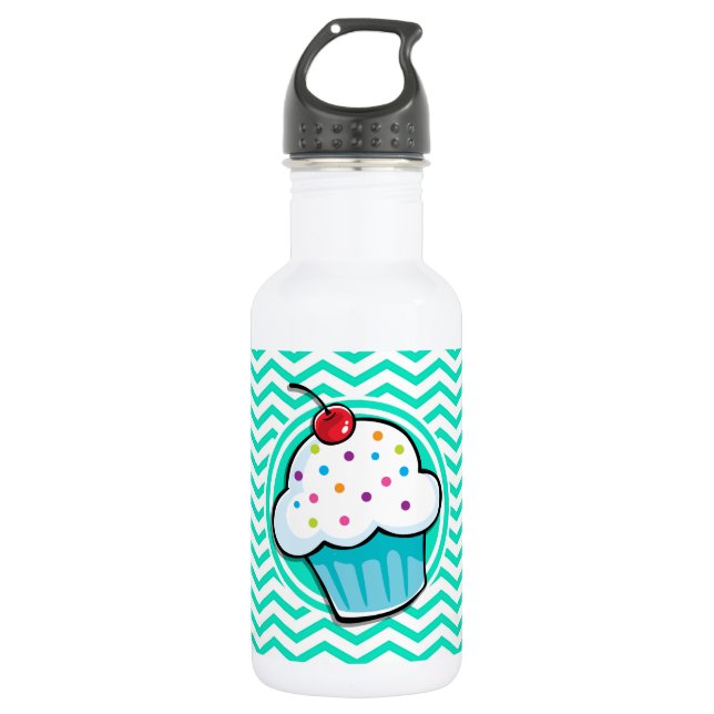 Cute Cupcake; Aqua Green Chevron 532 Ml Water Bottle (Front)