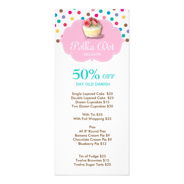 Cute Cupcake Bakery Polka Dot 4 Rack Card (Front)