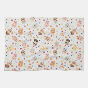 Cute Cupcake Bear and Treats Seamless Pattern Tea Towel