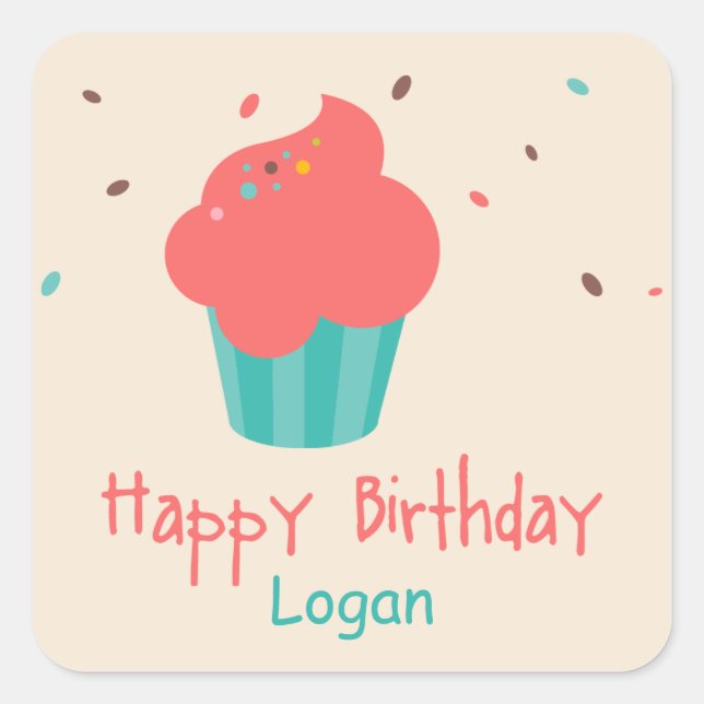 Cute Cupcake Birthday Wishes Square Sticker (Front)