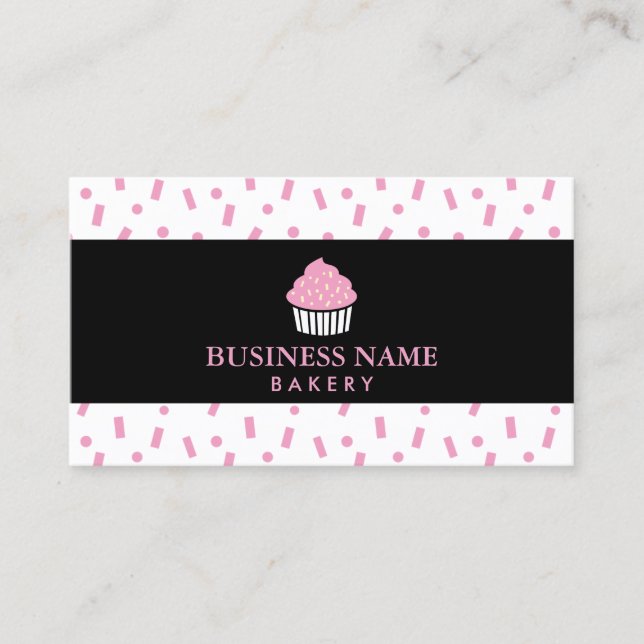 Cute Cupcake Black Striped Sweet Bakery Business Card (Front)