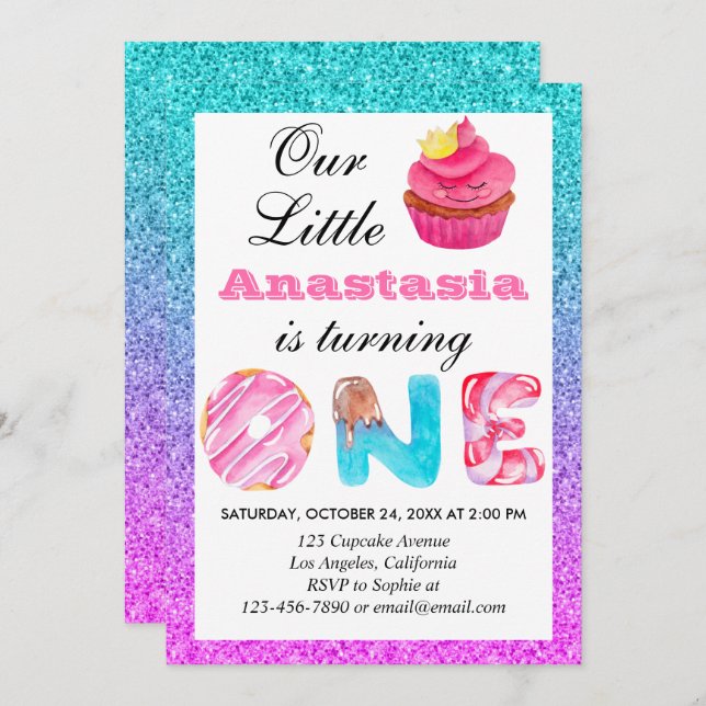 Cute Cupcake Blue Purple Glitter 1st Birthday One Invitation (Front/Back)