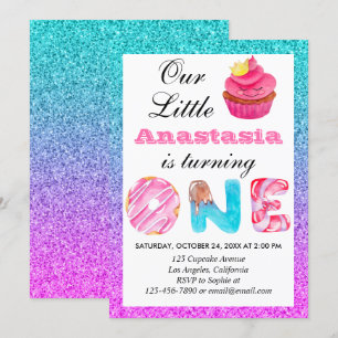 Cute Cupcake Blue Purple Glitter 1st Birthday One Invitation