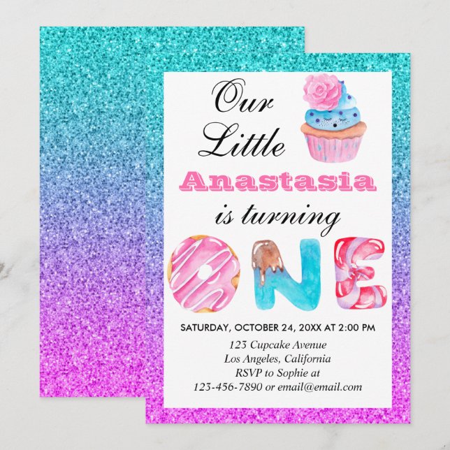 Cute Cupcake Blue Purple Glitter 1st Birthday One Invitation (Front/Back)