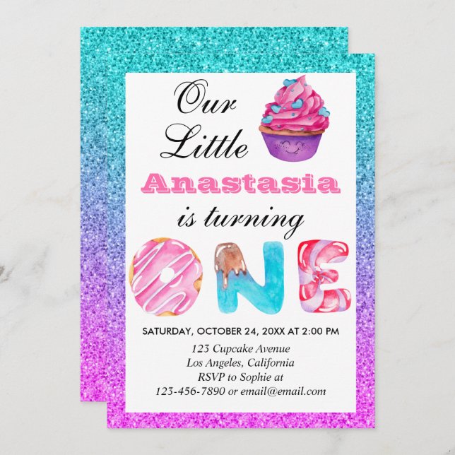 Cute Cupcake Blue Purple Glitter 1st Birthday One Invitation (Front/Back)
