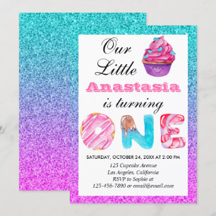 Cute Cupcake Blue Purple Glitter 1st Birthday One Invitation