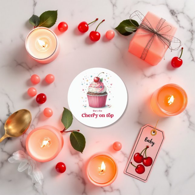 Cute Cupcake Design Cherry On Top Baby Shower Classic Round Sticker (Cute Cupcake Design Cherry On Top Baby Shower Classic Round Sticker)