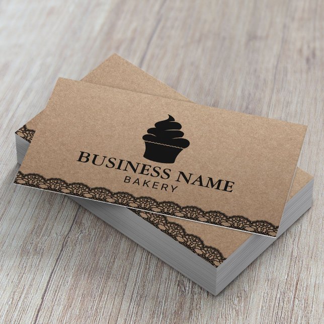 Cute Cupcake Home Bakery Black Laced Kraft Business Card (Creator Uploaded)