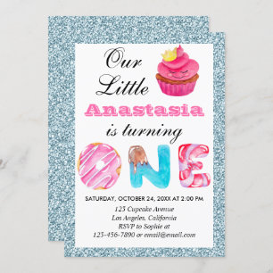 Cute Cupcake Light Blue Glitter 1st Birthday One Invitation