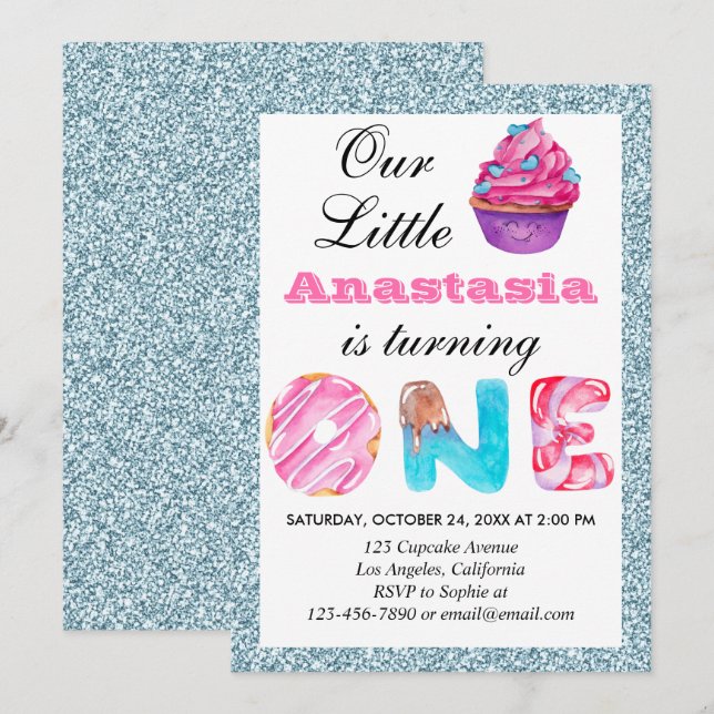 Cute Cupcake Light Blue Glitter 1st Birthday One Invitation (Front/Back)