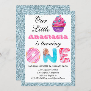 Cute Cupcake Light Blue Glitter 1st Birthday One Invitation