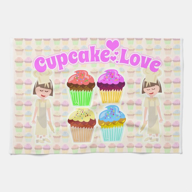 Cute Cupcake Love Chef Tea Towel (Horizontal)