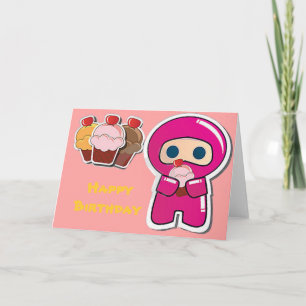 Cute Cupcake Ninja- Pink- Birthday Card