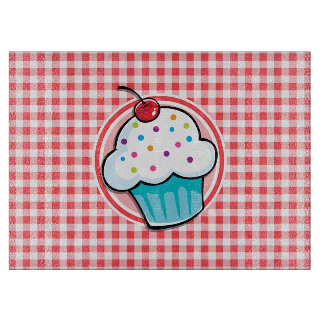Cute Cupcake on Red and White Gingham Cutting Board (Front)