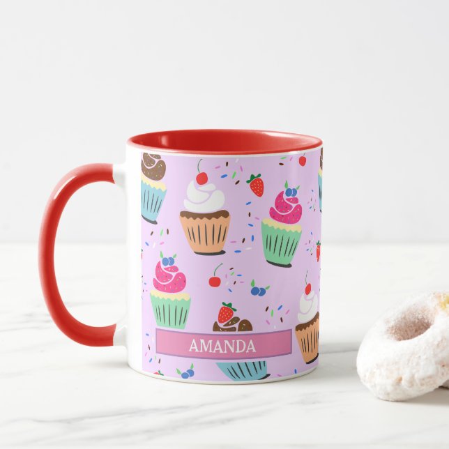 Cute cupcake pattern sweet dessert bakery name mug (With Donut)