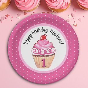 Cute Cupcake Pink Girl Happy 1st Birthday Paper Plate