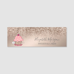 Cute Cupcake, Rose Gold Glitter Name Tag