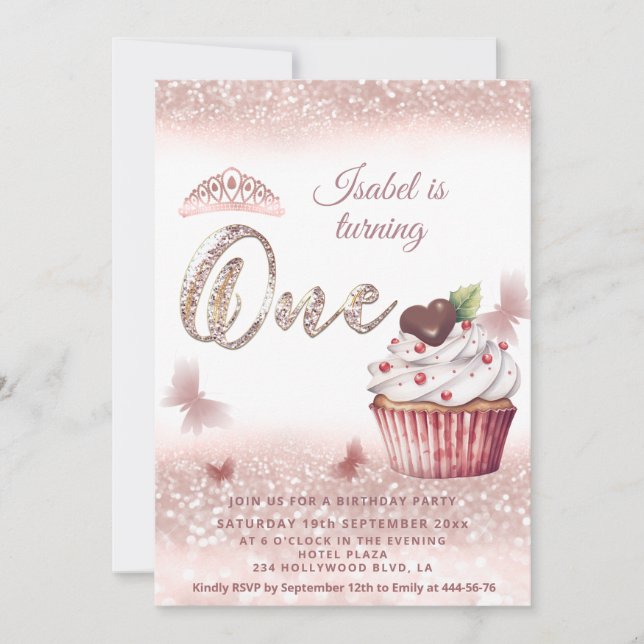 Cute Cupcake Rose gold glittery butterfly tiara  Invitation (Front)