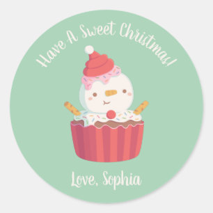 Cute Cupcake Snowman, Sweet Christmas Classic Round Sticker