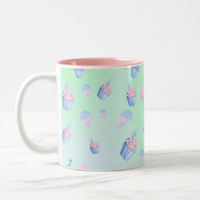cute cupcake Sweet mermaid Birthday party Girly  Two-Tone Coffee Mug (Left)