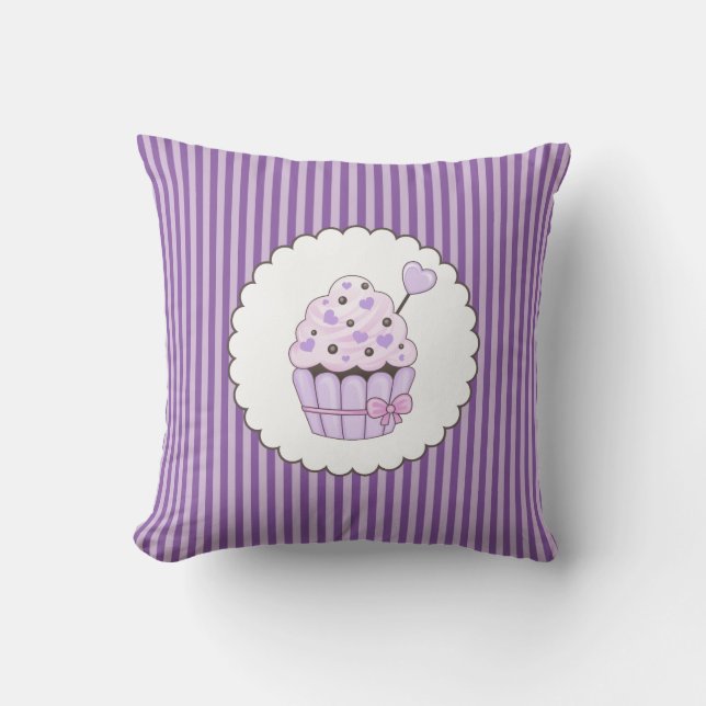 Cute Cupcake With Purple Striped Background Cushion (Front)