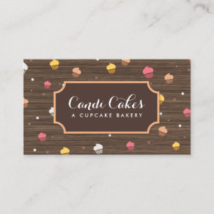 Cute Cupcakes Bakery Pattern Brown Wood Business Card