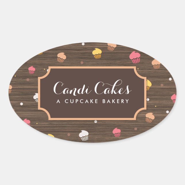 Cute Cupcakes Bakery Pattern Brown Wood Oval Sticker (Front)
