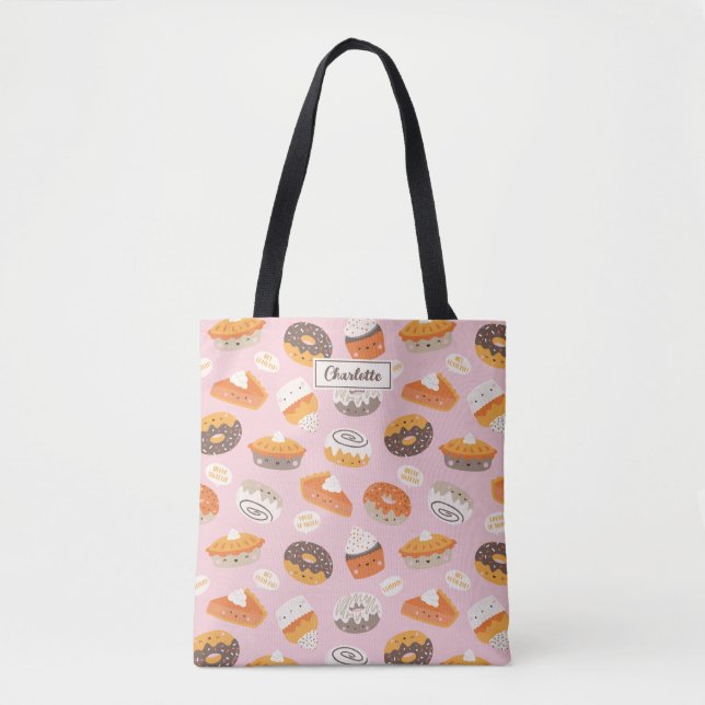 Cute cupcakes, doughnuts and pies on light pink tote bag (Front)