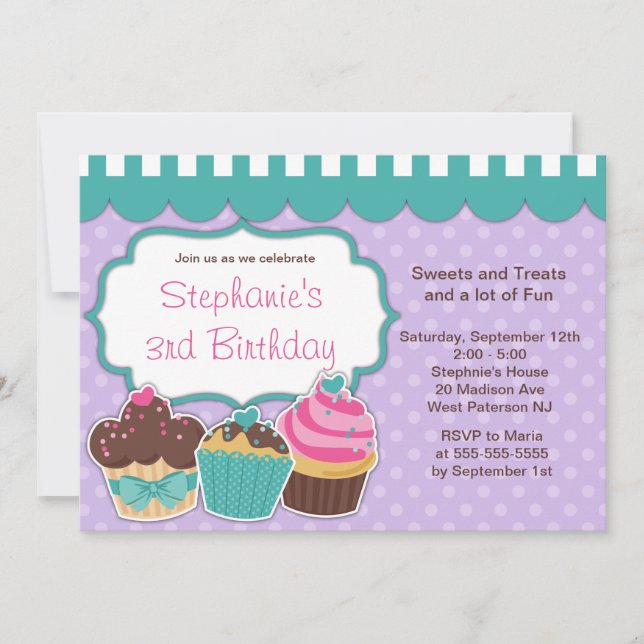 Cute Cupcakes Girls Birthday Party Invitation (Front)