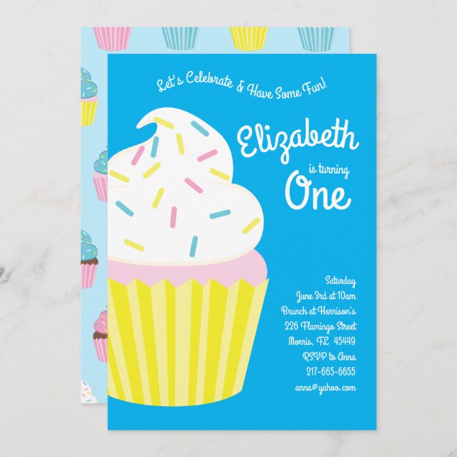 Cute Cupcakes Kids 1st Birthday Party Invitation (Front/Back)