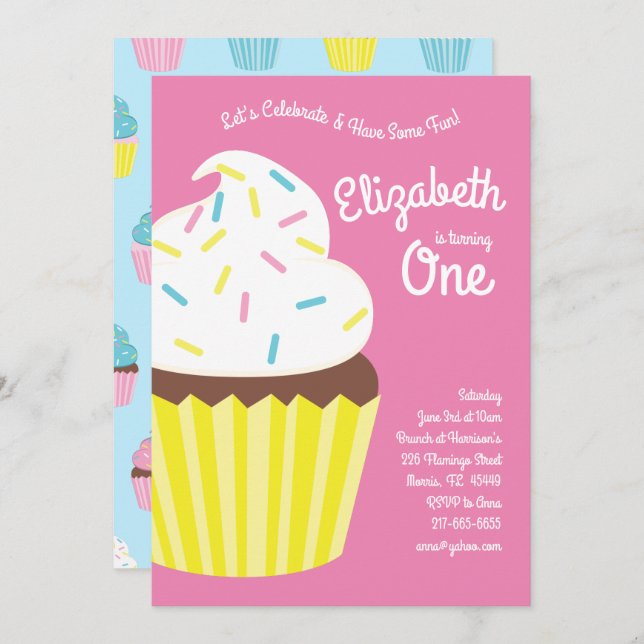 Cute Cupcakes Kids 1st Birthday Party Invitation (Front/Back)