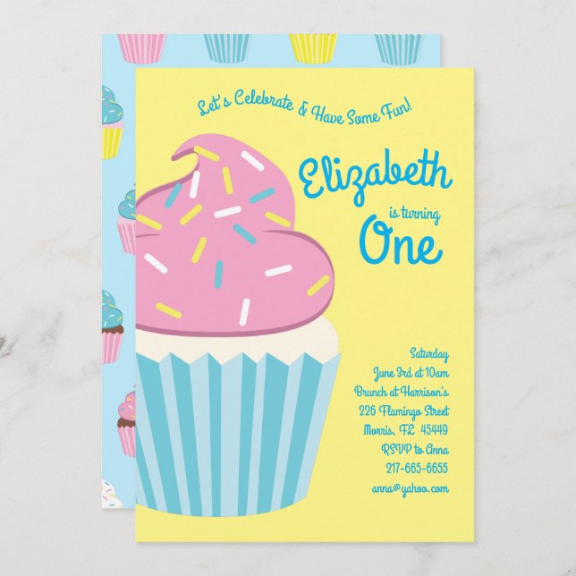 Cute Cupcakes Kids 1st Birthday Party Invitation (Front/Back)