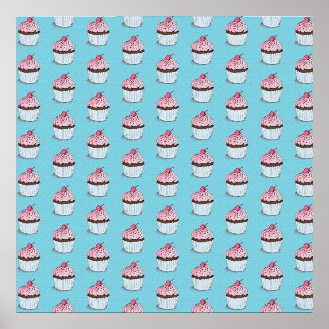 Cute Cupcakes on Blue Background Poster (Front)