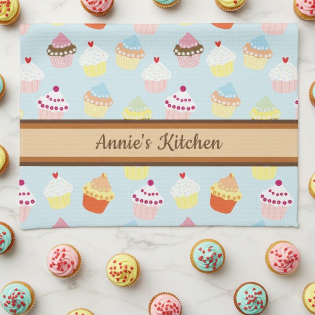 Cute Cupcakes Personalised Kitchen Towel (Colorful cupcake kitchen towel with custom name.)