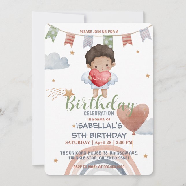 Cute Cupid afro boys Balloon valentine Birthday Invitation (Front)