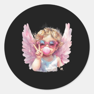 Cute Cupid Blowing Bubble Gum Sungles Valentines D Classic Round Sticker