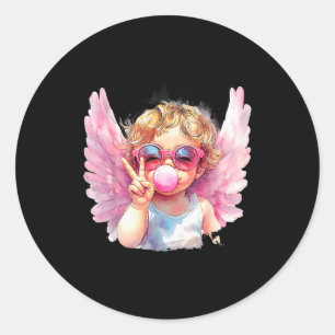 Cute Cupid Blowing Bubble Gum Sungles Valentines D Classic Round Sticker