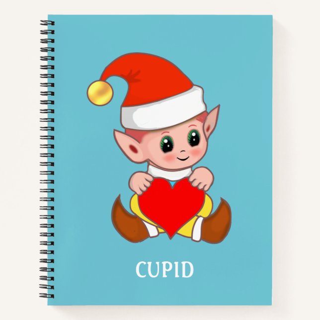 Cute cupid elf with love heart on teal notebook (Front)