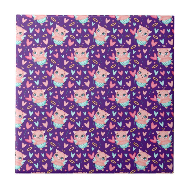 Cute Cupid Pig Whit Hearts Pattern Ceramic Tile (Front)