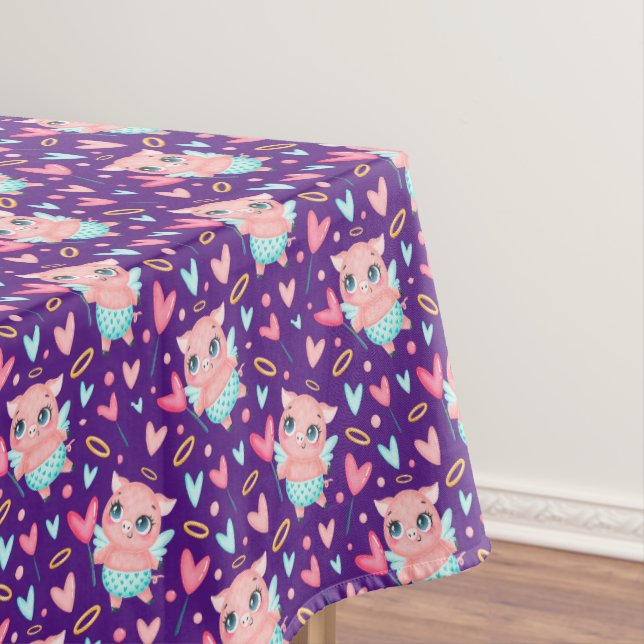 Cute Cupid Pig Whit Hearts Pattern Tablecloth (In Situ)