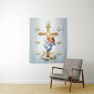 Cute Cupid with Golden Cross Tapestry