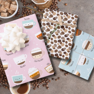 Cute cups of coffee and beans pastel colors wrapping paper sheet