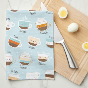 Cute cups of coffee on light blue tea towel
