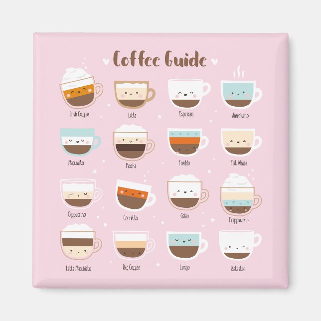 Cute cups of coffee on light pink magnet (Front)
