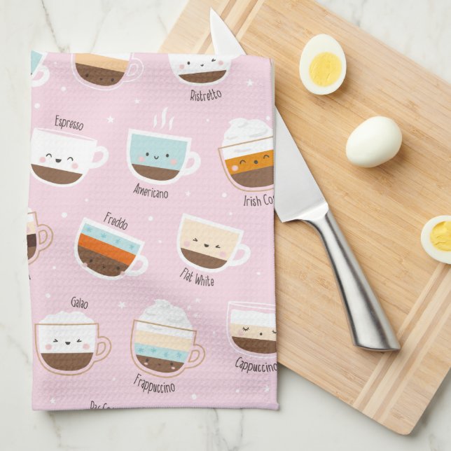 Cute cups of coffee on light pink tea towel (Quarter Fold)