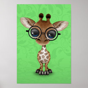 Cute Curious Baby Giraffe Wearing Glasses on Green Poster