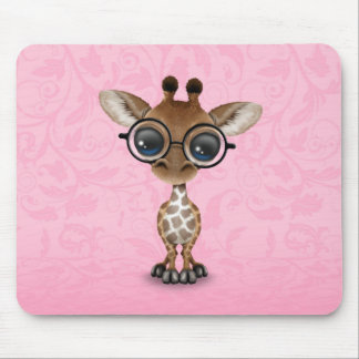 Cute Curious Baby Giraffe Wearing Glasses on Pink Mouse Pad