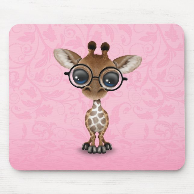 Cute Curious Baby Giraffe Wearing Glasses on Pink Mouse Pad (Front)